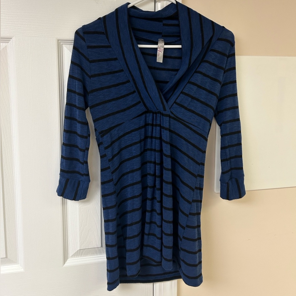 Myan Blue and Black 3/4 Sleeve Striped Top